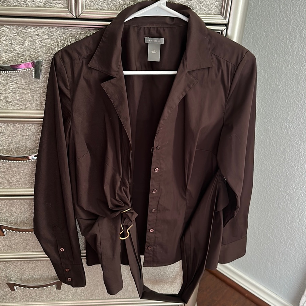 Size 8 Ann Taylor brown with gold detail wrap blouse